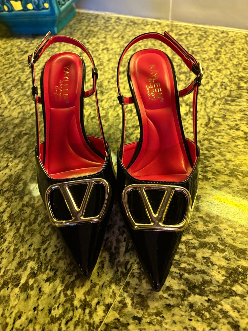 Black Patent Slingback Pumps with Red Insole and Gold V Logo